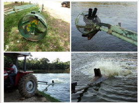 A tractor-powered propeller like the one in the photo can be used for urgent aeration or mixing of pond water, but its effectiveness is limited by the operational depth of such a device. A water-stirring device can accelerate the downward movement of oxygen-rich waters and their contact with oxygen-depleted bottom waters, thus increasing the oxygen level at the bottom of the pond.. Photo: Fábio Mori.